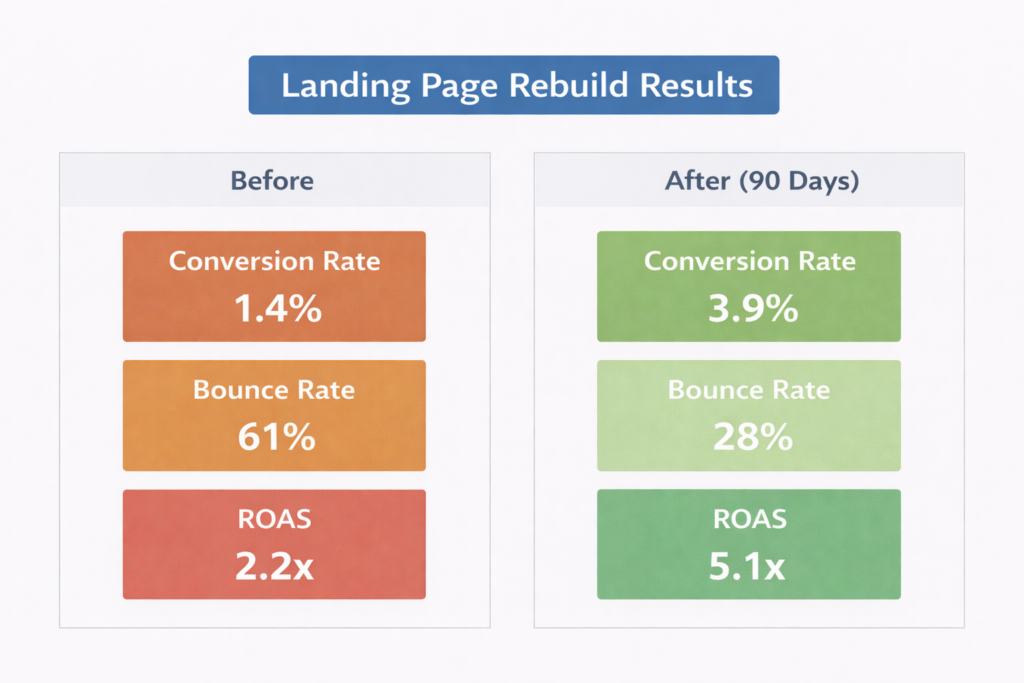 Comparison chart titled Landing Page Rebuild Results highlights Shopify landing page optimization: Conversion Rate rose from 1.4% to 3.9%, Bounce Rate dropped from 61% to 28%, and ROAS grew from 2.2x to 5.1x—showing how to better convert visitors in just 90 days.