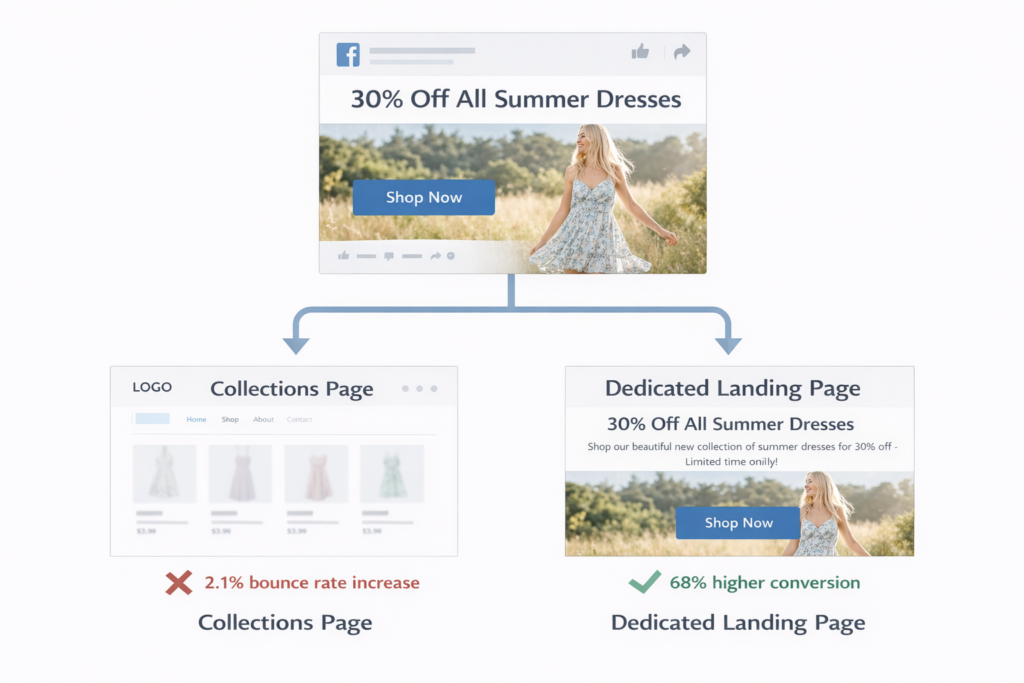 A Facebook ad for 30% off summer dresses links to a collections page with a 2.1% higher bounce rate or a dedicated Shopify landing page optimized to convert more visitors, resulting in a 68% higher conversion rate in 2026.