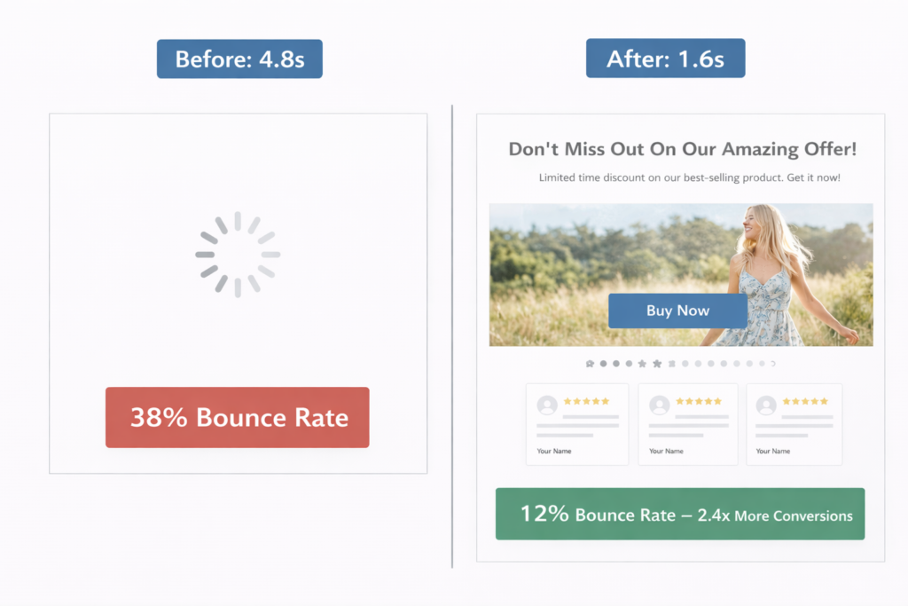 Comparison graphic showing a slow-loading page with 38% bounce rate and a faster-loading page with 12%, an ad offer featuring a woman, and a “Buy Now” button, highlighting how Shopify landing page optimization can help convert visitors by 2026.
