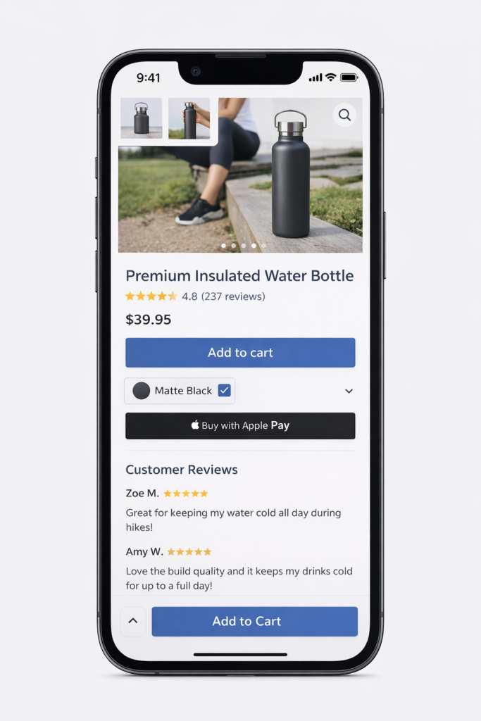 A smartphone screen displays an online shopping app page for a premium insulated water bottle, featuring price, color options, reviews, and optimized Add to Cart and Buy with Apple Pay buttons for better Shopify product page optimization.