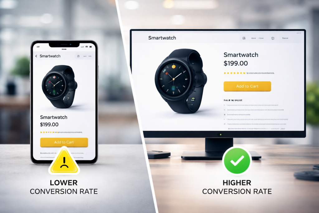 A split image shows a Shopify store’s smartwatch page on a smartphone (left) labeled Lower Shopify conversion rate and on a desktop monitor (right) labeled Higher conversion rate, highlighting differences in device shopping performance against conversion rate benchmarks.