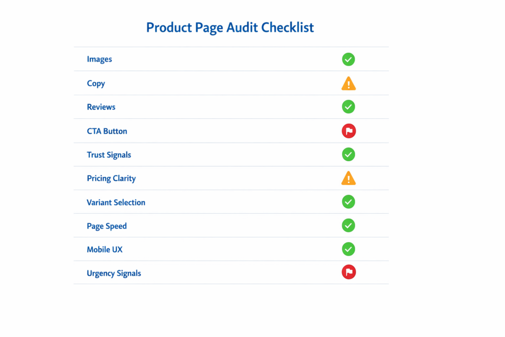 A Shopify product page optimization checklist with ten items. Key areas like Images, Copy, and Mobile UX get green checks. Reviews and Pricing Clarity have yellow warnings. CTA Button and Urgency Signals need product page fixes to help convert more visitors.