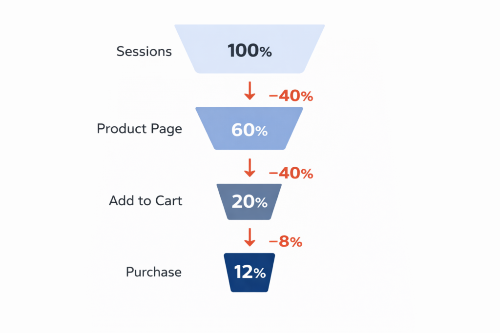 A funnel chart highlights where Shopify product page optimization or product page fixes can help convert visitors: Sessions start at 100%, Product Page drops to 60%, Add to Cart is 20%, and Purchase is just 12%.