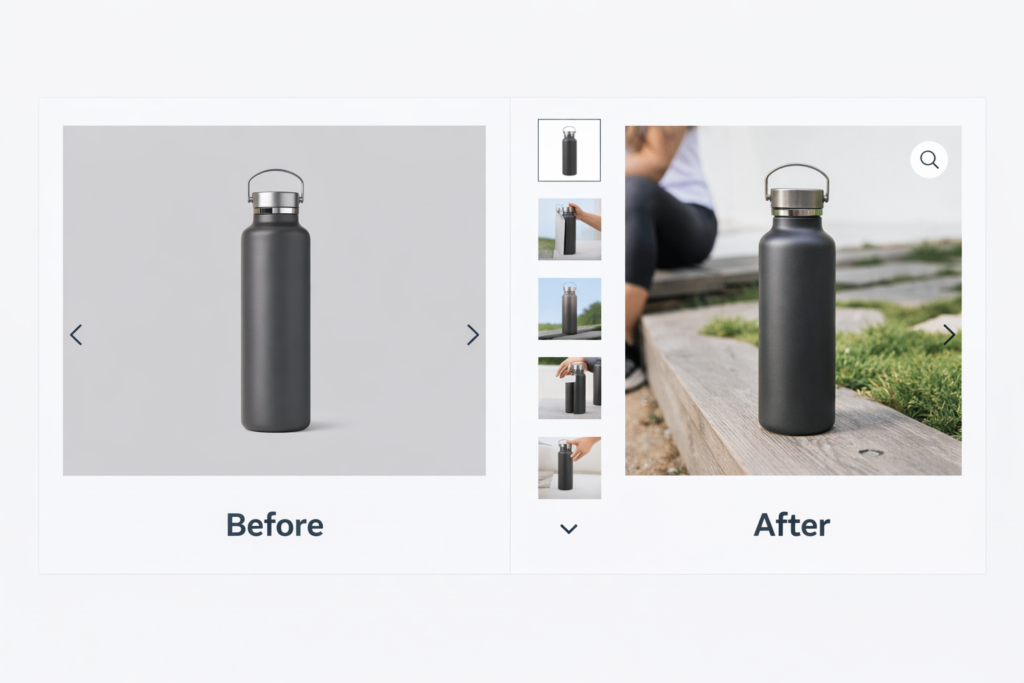 Side-by-side comparison of a black water bottle Before and After, highlighting effective Shopify Product Page Optimization with thumbnails of additional angles between them to help convert more visitors.