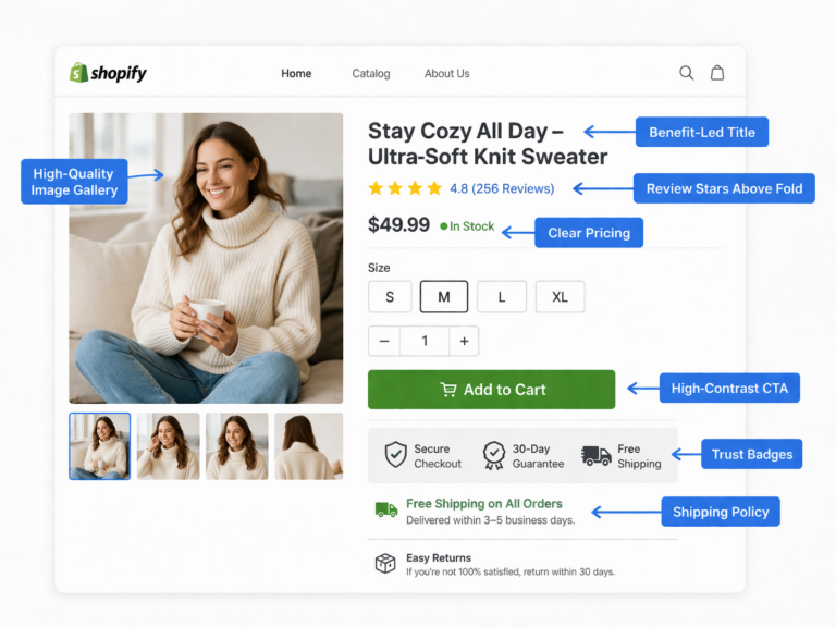 A Shopify product page for a knit sweater displays a woman in a beige sweater, product title, price, ratings, size options, green add-to-cart button, trust badges, and blue labels for site features—perfect for Shopify Product Page Optimization.