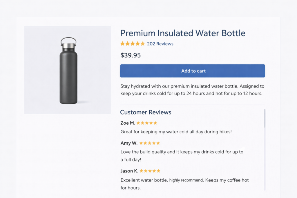 Experience a premium insulated water bottle on a polished Shopify product page designed for optimal conversions. With product page fixes and top reviews, this $39.95 black bottle is ready to Add to Cart—perfection in every sip!.