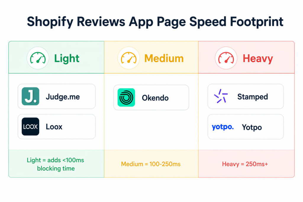 Chart showing Shopify Reviews App options categorized by page speed impact: Light (Judge.me, Loox, under 100ms), Medium (Okendo, 100–250ms), and Heavy (Stamped, Yotpo, over 250ms) blocking time.