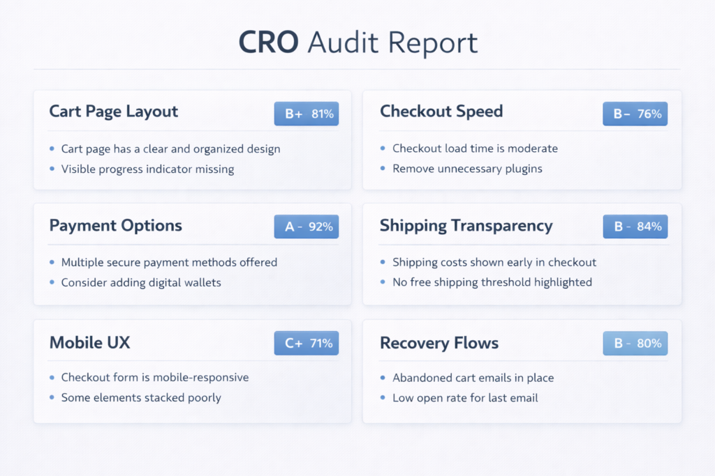 A CRO Audit Report with six panels: Cart Page Layout (B+), Checkout Speed (B-), Payment Options (A), Shipping Transparency (B-), Mobile UX (C+), and Recovery Flows (B-), highlighting WooCommerce Cart Abandonment issues, summary points, and grades.