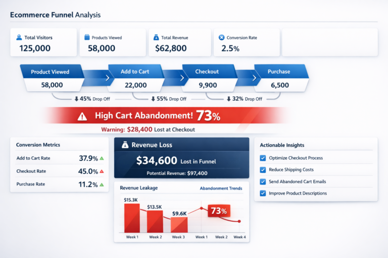 Ecommerce funnel analysis dashboard showing user journey from product viewed to purchase, highlighting WooCommerce cart abandonment with a 73% dropout rate, $28,400 lost at checkout, and actionable insights to recover lost sales and improve conversion.