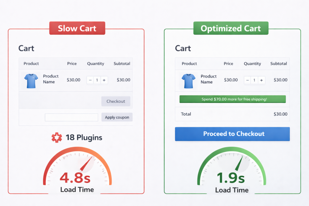 Comparison of two WooCommerce shopping carts: Slow Cart with 18 plugins and a 4.8s load time vs. Optimized Cart with 3 plugins and a 1.9s load time. Both show a blue shirt, $30 price, one quantity—highlighting how speed can help recover lost sales.