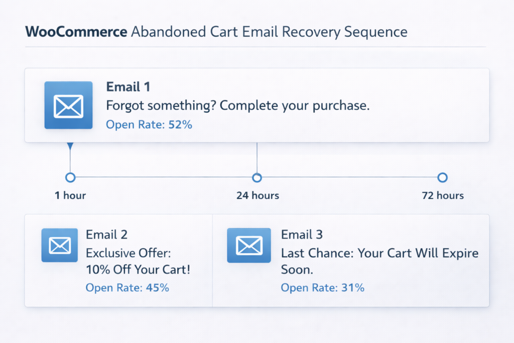 A WooCommerce Cart Abandonment email recovery sequence with three emails helps Recover Lost Sales: Email 1 at 1 hour (52% open rate), Email 2 at 24 hours (10% off, 45%), and Email 3 at 72 hours (last chance, 31%).