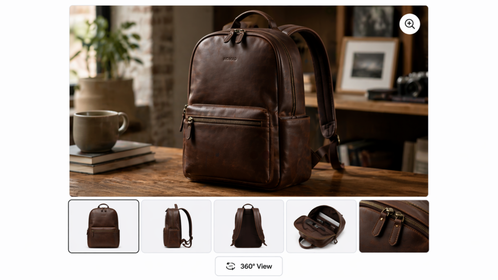 A stylish brown leather backpack sits on a wooden table beside a mug and some books, with shelves and a camera blurred in the background. Smaller images highlight details—perfect for WooCommerce product page optimization to convert more buyers.