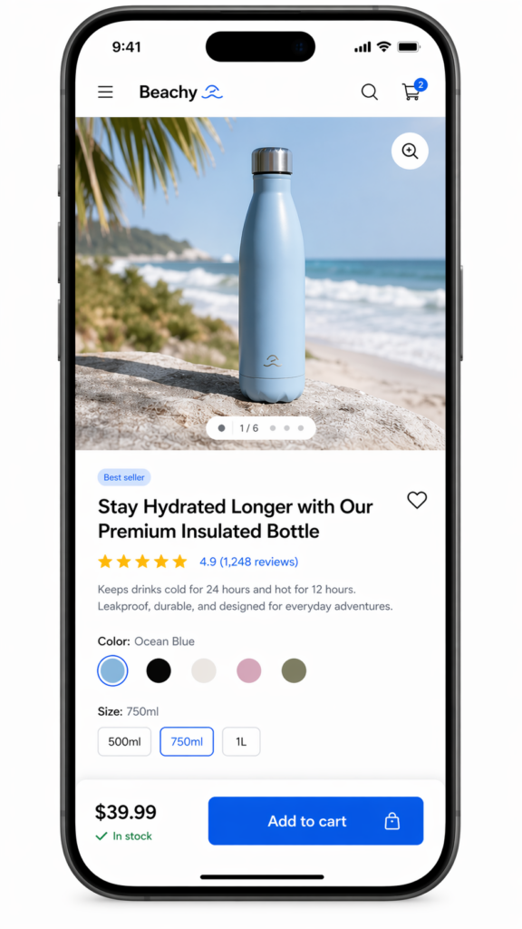 A smartphone screen shows a WooCommerce product page displaying a light blue insulated bottle on a beach, with color options, reviews, price, size selection, and an Add to cart button—perfect for Convert More Buyers with WooCommerce Product Page Optimization.