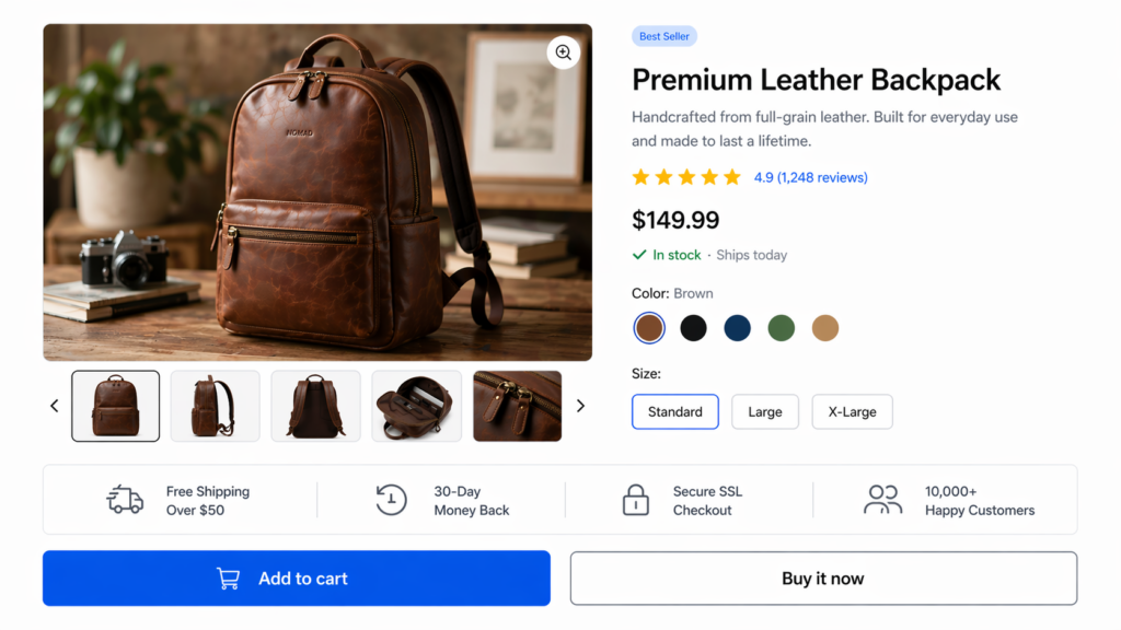 A product page for a premium leather backpack in brown, featuring WooCommerce Product Page Optimization to convert more buyers, with photos from multiple angles, price of $149.99, size options, color choices, reviews, and shipping details.