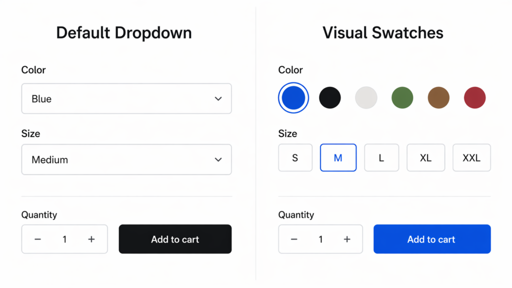 Side-by-side comparison of a default dropdown menu and visual swatches for selecting color, size, and quantity on a WooCommerce Product Page, each with an Add to cart button at the bottom—perfect for WooCommerce Product Page Optimization to Convert More Buyers.