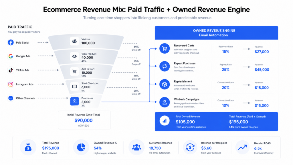 Infographic showing ecommerce revenue mix: paid traffic sources (social, Google, Instagram, other ads) and owned revenue engine (Shopify email marketing automation). Data highlights revenue, conversion rates, and customer retention from each channel.