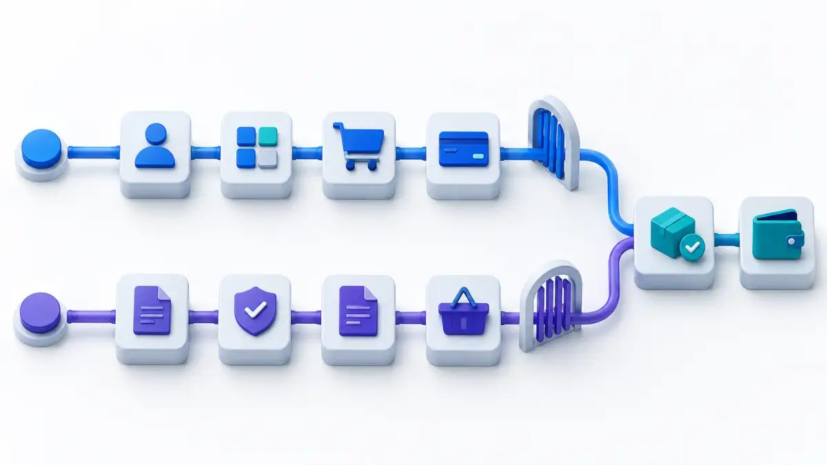 Shopify B2B self serve and sales assisted conversion paths joining at a completed order