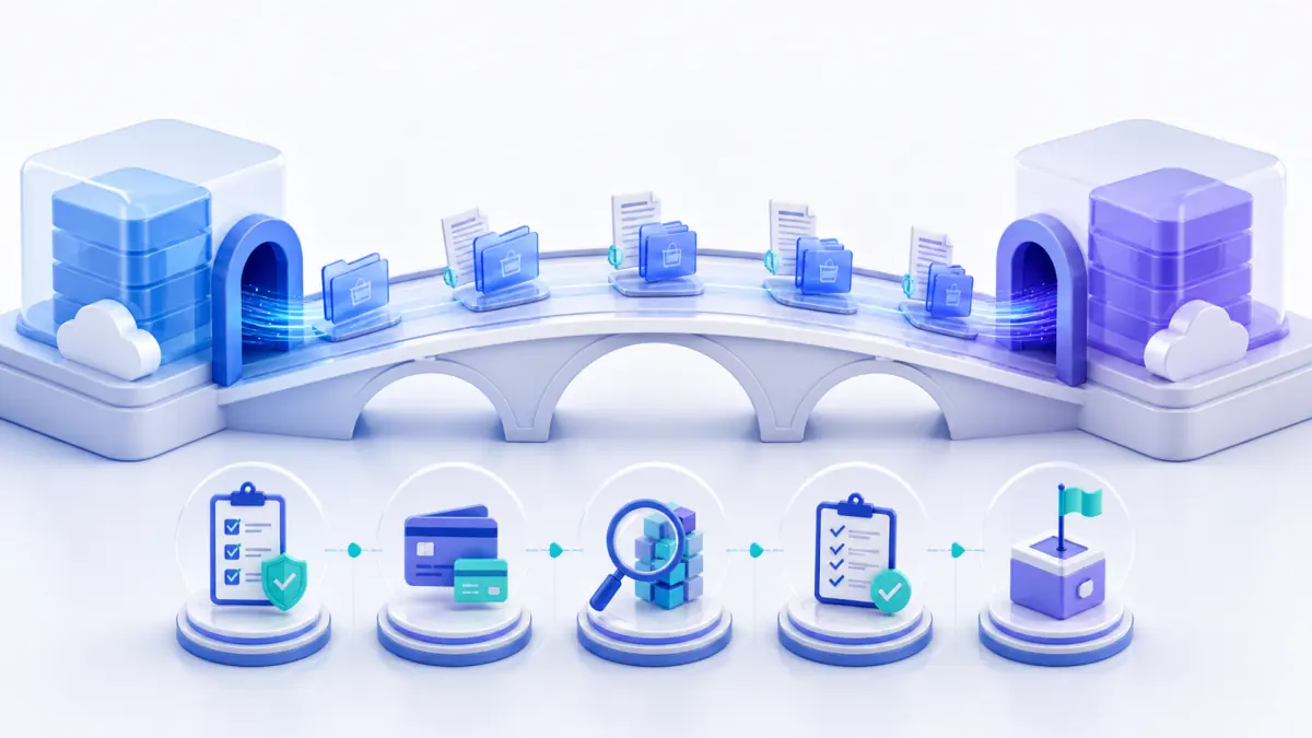 Five-stage Skio and Recharge migration checklist covering subscription data payment methods storefront testing preview approval and billing cutover